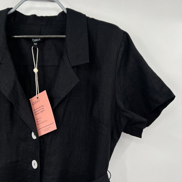 Quince Women's Black Linen Button Front Dress sz M Midi A-Line Belt Short Sleeve - Picture 3 of 9
